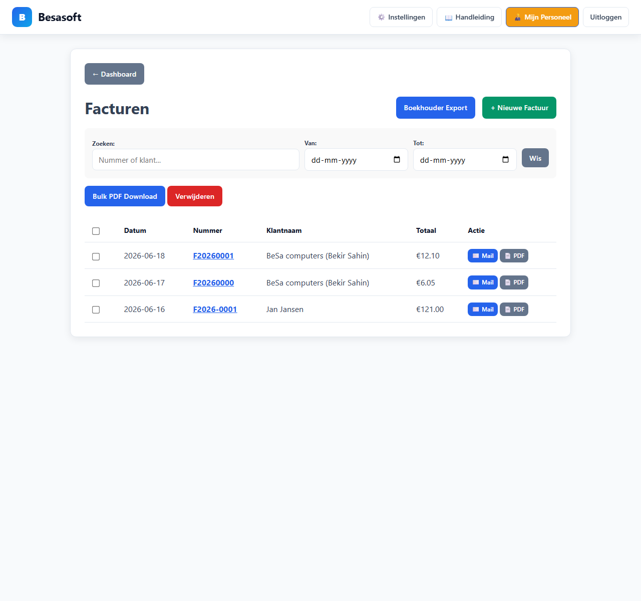Overzicht van facturen in Besasoft CRM
