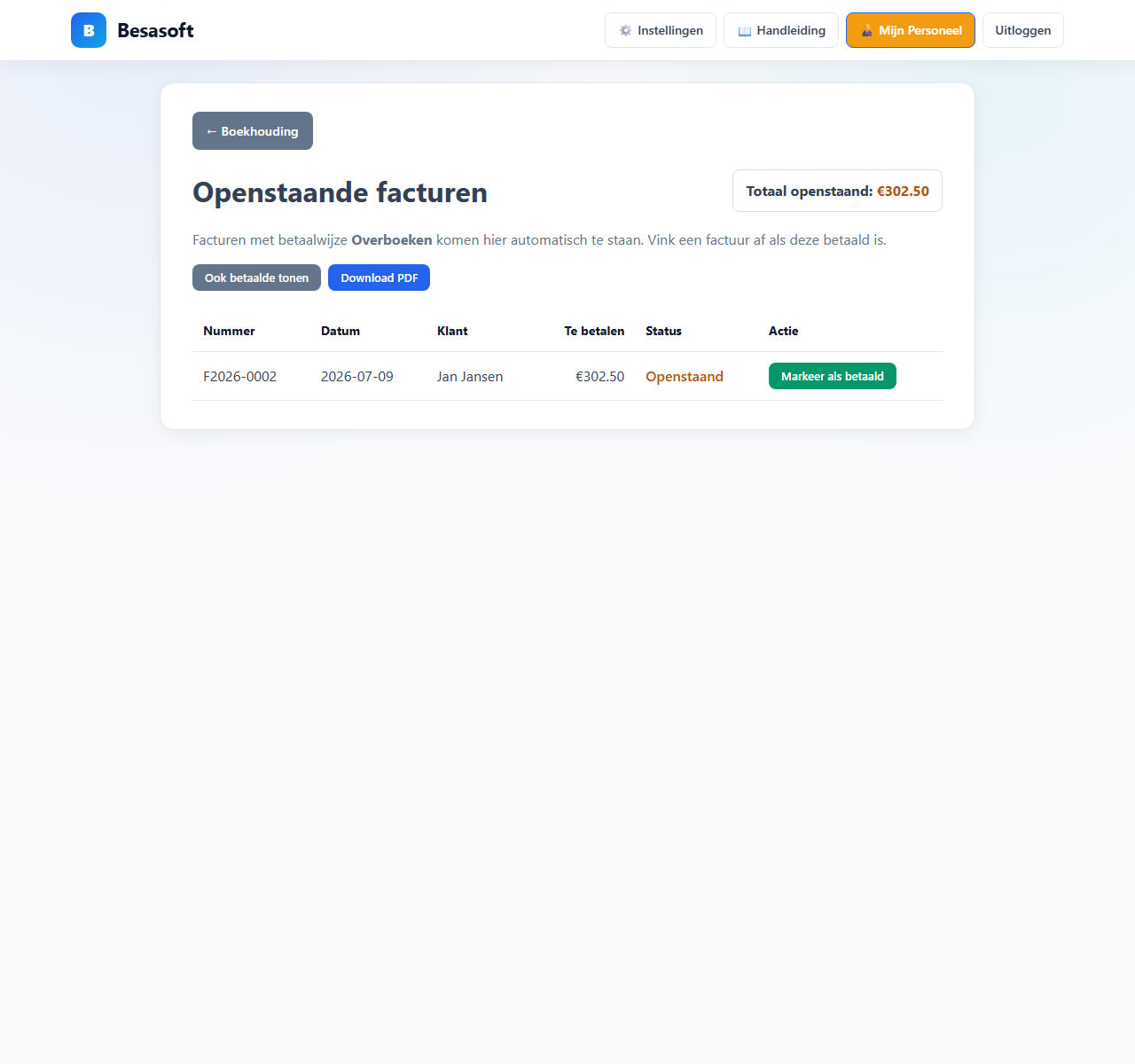Overzicht openstaande facturen met totaal openstaand